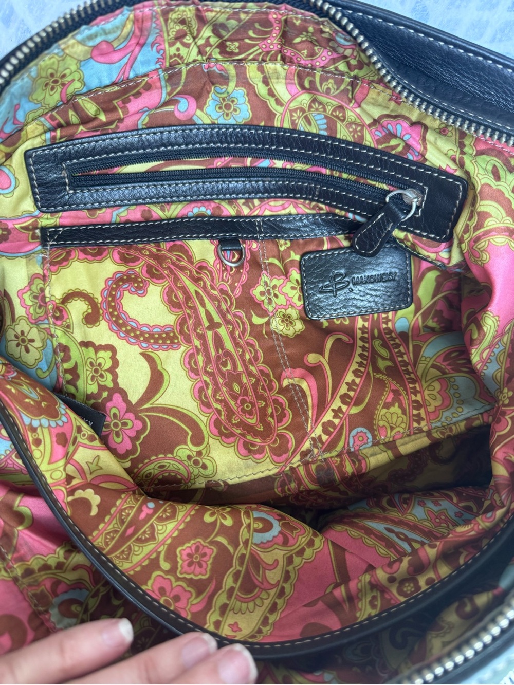 B. Makowsky Black Leather Satchel Shoulder Bag Paisley Lined Large Tote Purse - Picture 5 of 16